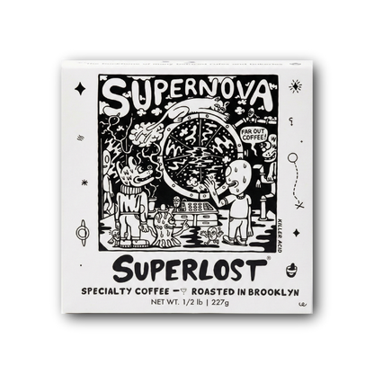 Supernova Superlost specialty coffee box packaging with black and white graphic design by Killer Acid of a cool alien spaceship